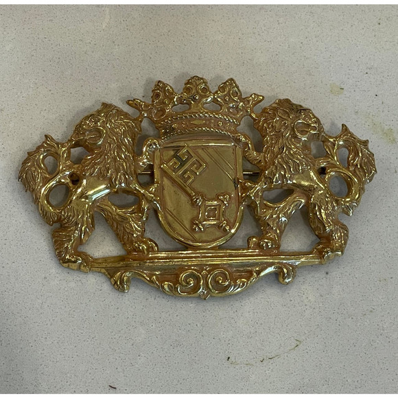 Miriam Haskell Vintage Heraldic Crest or Arms Double Lion/Key/Crown Brooch/Pin - Picture 1 of 13